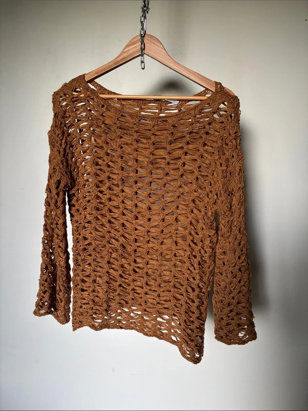 Zara Open-Knit Crochet Long-Sleeve Sweater in Caramelo